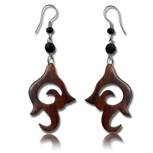 Tribal Ohrringe Narraholz Spiralornament dunkelbraun schwarze Perlen Edelstahl - chic - net.de