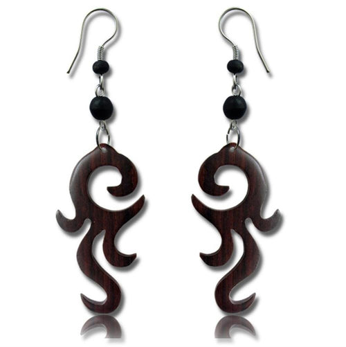 Tribal Ohrringe Narraholz Wimpernspirale dunkelbraun schwarze Perlen Edelstahl - chic - net.de