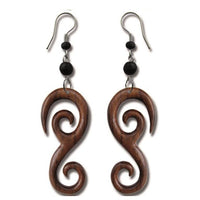Load image into Gallery viewer, Tribal Ohrringe Schnörkel Spiralen - Form Sonoholz dunkelbraun Ohrhänger Edelstahl - chic - net.de
