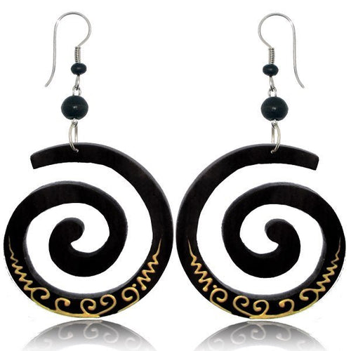 Tribal Ohrringe Spirale Narra Holz Edelstahl golden Muster Perlen schwarz Ohrhänger - chic - net.de