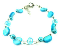 Cargar imagen en el visor de la galería, Glitzer Perlmutt Armband hellblau Perlen Scheiben rund Karabiner nickelfrei 18cm-20cm
