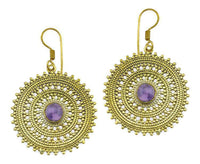 Cargar imagen en el visor de la galería, Ohrringe Amethyst Zopf Kreis Punkte Dreiecke Messing Ohrhänger lila nickelfrei antik golden Tribal
