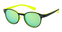 Load image into Gallery viewer, The Sonnenbrille runde Brille Punkte 400UV Schlüsselloch Steg neon Farben features round black frames, neon yellow arms, mirrored green-tinted lenses with UV 400 protection, and two silver dots near the hinges.
