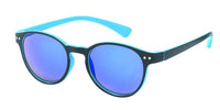Load image into Gallery viewer, The Sonnenbrille runde Brille Punkte 400UV Schlüsselloch Steg neon Farben features blue mirrored round lenses, a black frame, bright blue neon arms and trim, plus 400UV protection for stylish and reliable eye safety.

