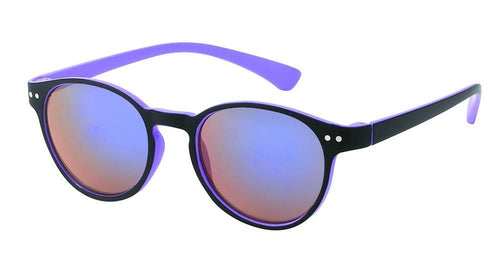 Sonnenbrille runde Brille Punkte 400UV Schlüsselloch Steg neon Farben—features black frames, purple arms, and mirrored lenses with blue-pink hues for stylish UV-Schutz 400, shown on a white background.