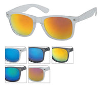 Load image into Gallery viewer, The Sonnenbrille Nerd grau Unisex Brille features colorful mirrored lenses and translucent frames, available in shades like orange, blue, yellow, and green. Each pair offers 400 UV protection and is shown from multiple angles and color options.
