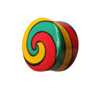 Cargar imagen en el visor de la galería, A unisex teak wood ear plug, painted with a green, red, and yellow spiral pattern in a tribal style, inspired by Reggae Schmuck. The sides alternate between yellow, red, and green.
