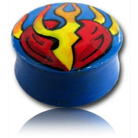 Cargar imagen en el visor de la galería, A small round blue Holz Plug Herz Flammen container with a colorful red heart, yellow flame, and black outline design—ideal for storing Unisex Schmuck like Lobe Piercing or handgeschnitzter Plug accessories.
