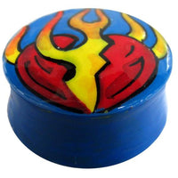 Cargar imagen en el visor de la galería, A round, blue container with a heart and flame design in red, yellow, and orange—ideal for storing your Holz Plug Herz Flammen blau gelb rot Tunnel double flared after a fresh lobe piercing.
