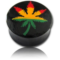 Load image into Gallery viewer, Holz Plug Hanf Blatt grün gelb rot Tunnel Unisex Ohrschmuck Teakholz
