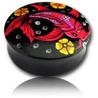 Cargar imagen en el visor de la galería, Holz Plug Fisch Koi Asia rot schwarz Tunnel Unisex Ohrschmuck Teakholz
